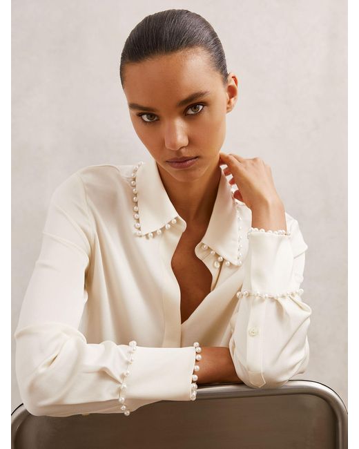 Reiss Natural Satin Faux-Pearl Trim Shirt