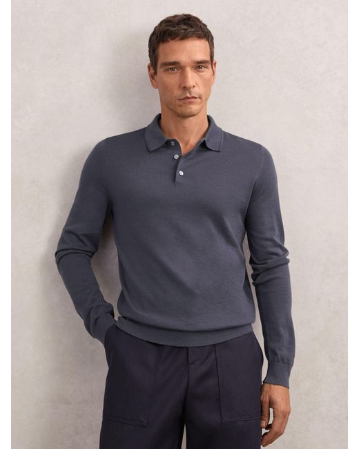 Reiss Blue Trafford Merino Wool Long-Sleeve Polo Shirt for men