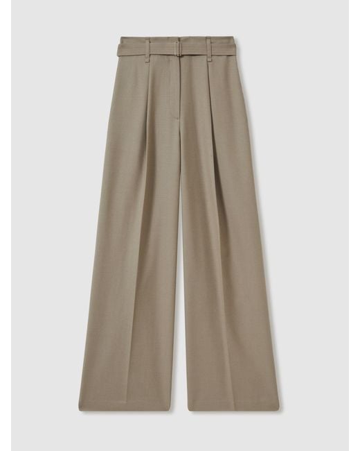 Reiss Natural Wool Belted Wide-Leg Trousers