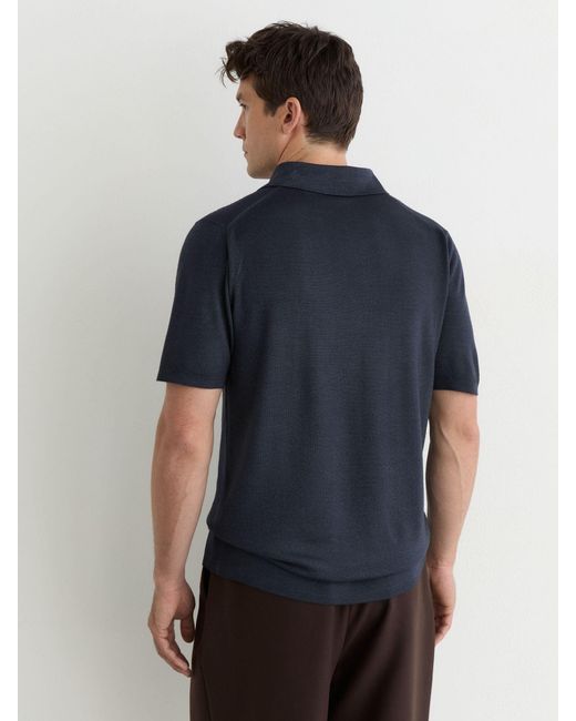 Reiss Blue Pigment-Dyed Merino Wool Open-Collar Polo Shirt for men