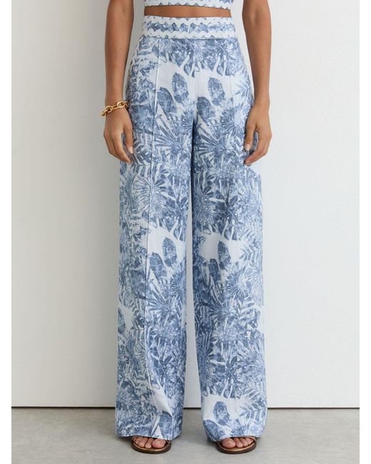 Reiss Mila - Blue Linen Wave-trim Printed Wide-leg Trousers, 18l