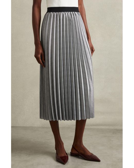 Reiss Natural Checked Pleated Midi Skirt