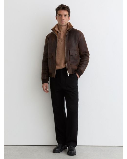 Reiss Brown Peveral Shearling Zip-Through Leather Jacket for men