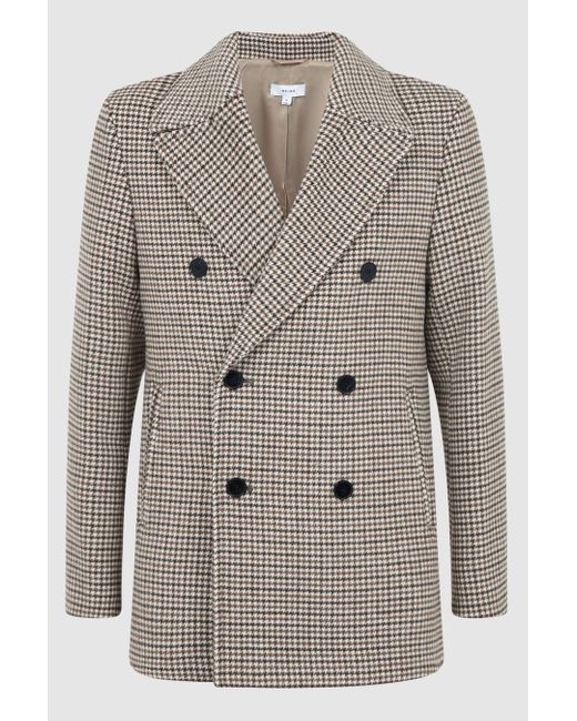 Reiss Brown Albert - Oatmeal Wool Dogtooth Double Breasted Coat, Xxl for men