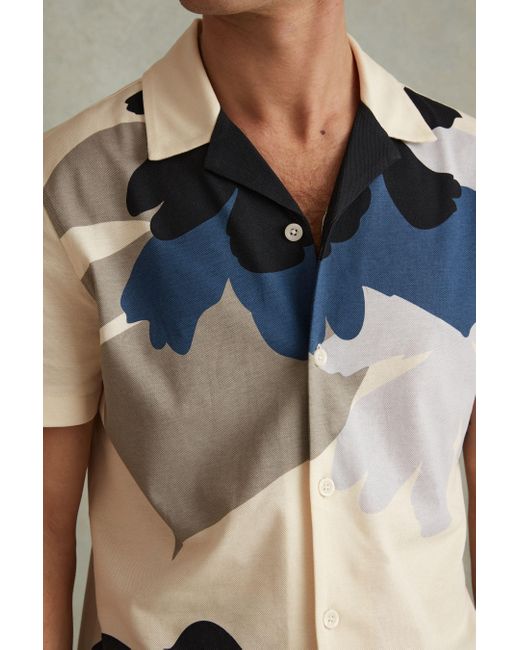Reiss Multicolor Parc - Blue Multi Cotton Floral Print Cuban Collar Shirt for men