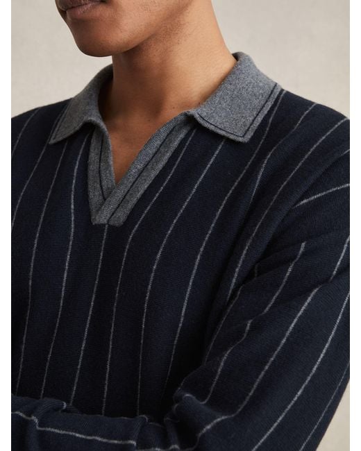 Reiss Blue Winslow - Navy Wool Open-collar Stripe Polo Shirt, M for men