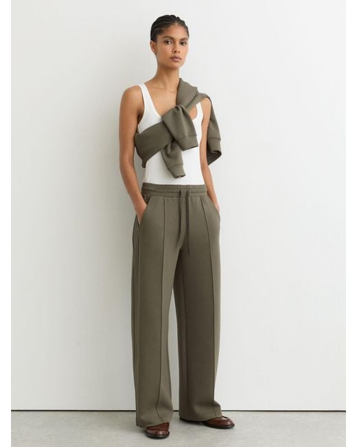 Reiss Bella - Khaki Green Premium Interlock Wide-leg Joggers, L Regular (uk 16-18)
