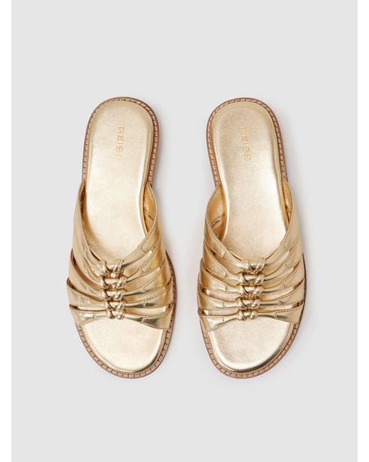 Reiss Green Agnes - Gold Leather Metallic Knotted Flat Sandals, Us 8 (uk 6)