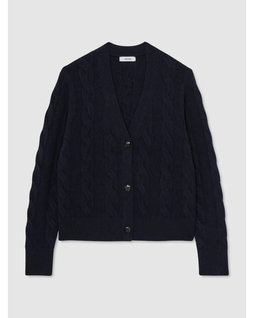 Reiss Blue Wool-Cashmere Cable-Knit Cardigan