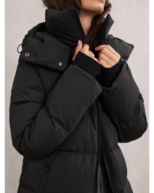 Reiss Black Colette Belted-Waist Hooded Puffer Coat