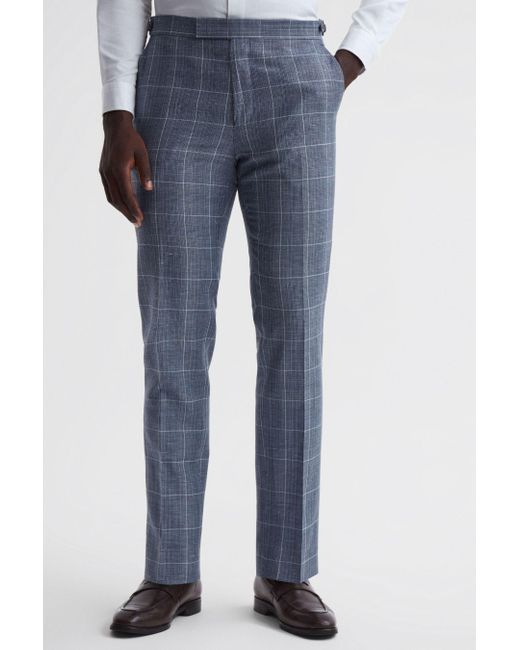 Reiss Blue Aintree - Indigo Slim Fit Wool Linen Check Trousers for men