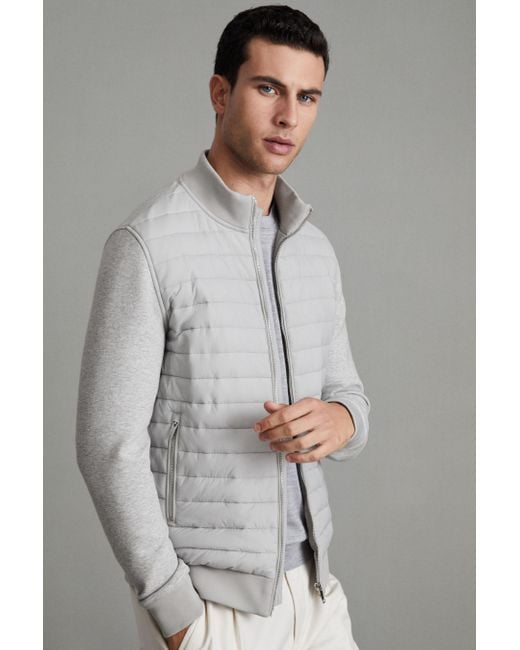 Reiss Gray Freddie - Soft Grey Melange Hybrid Quilt And Knit Zip-through Jacket for men