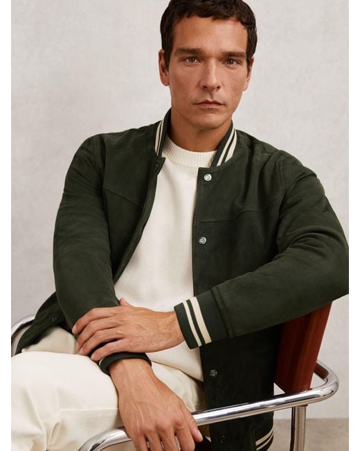 Reiss Black Suede Stripe-Trim Bomber Jacket for men