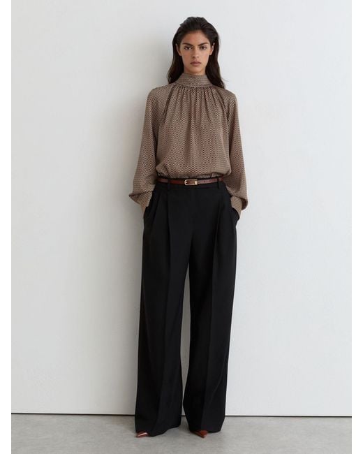 Reiss Brown Geometric-Print Tie-Neck Blouse