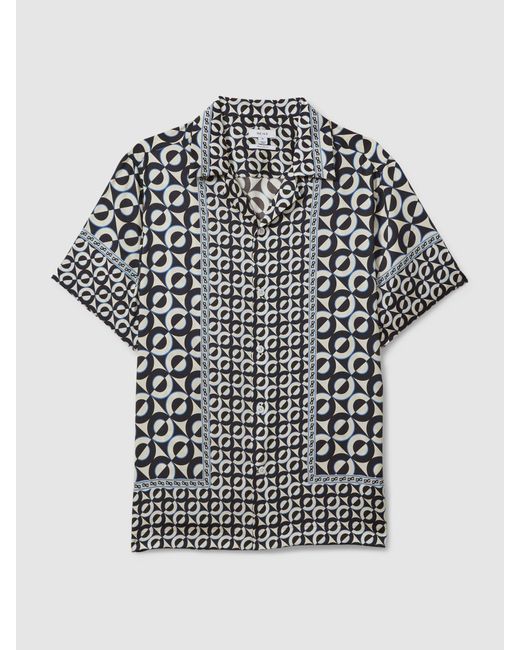 Reiss Black Prentice - Lapis Blue Geometric Print Cuban Collar Shirt, Xs for men
