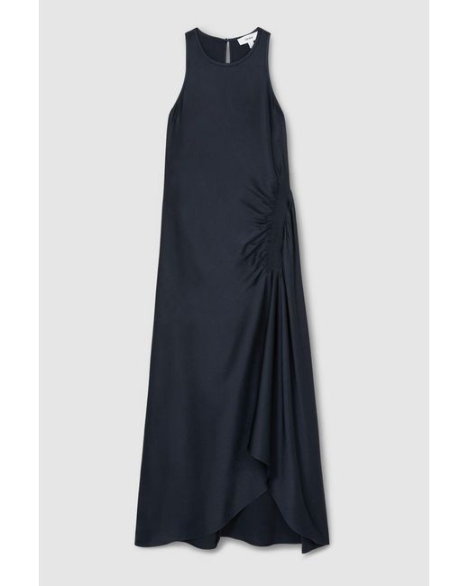Reiss Blue Anessa - Navy Satin Shirred Midi Dress, Us 6