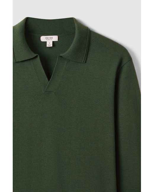Reiss Milburn - Hunting Green Merino Wool Open Collar Polo Shirt for men