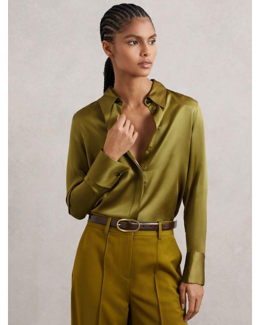 Reiss Green Silk-Satin Concealed-Placket Shirt