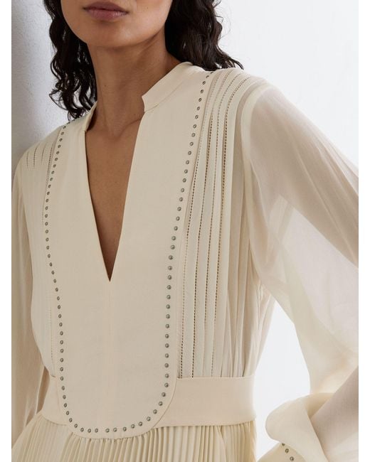 Reiss Natural Stud-Detail Pleated Midi Dress