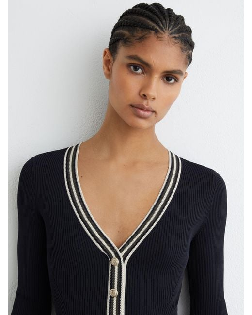 Reiss Black Rib-Knit Stripe-Trim Pleated Midi Dress