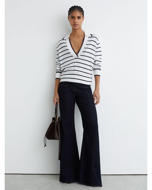 Reiss White Wool-Blend Collar Stripe Jumper With Cashmere