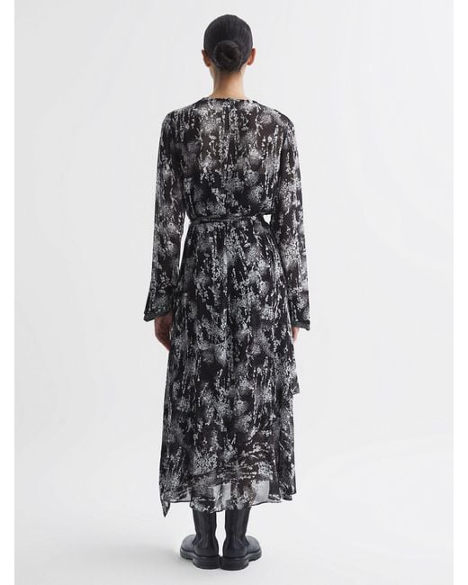 Reiss Callie - Black Belted Ruffle Printed Midi Dress, Us 2