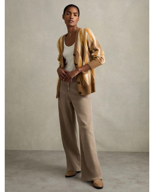 Reiss Natural Francesca Cardigan Wool Diamond Jacquard, Camel