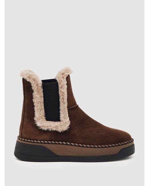 Reiss Brown Suede Faux Fur-Trim Ankle Boots
