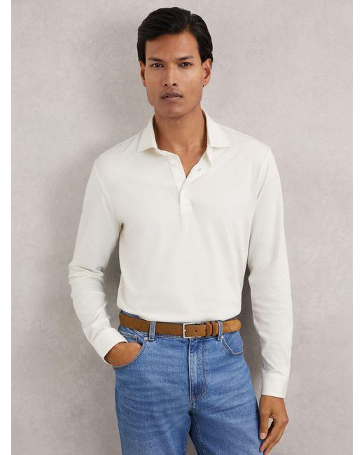 Reiss White Cotton-Jersey Long Sleeve Polo Shirt for men