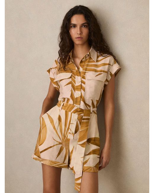 Reiss Brown Harri - Neutral Palm Print Belted Playsuit, Us 14