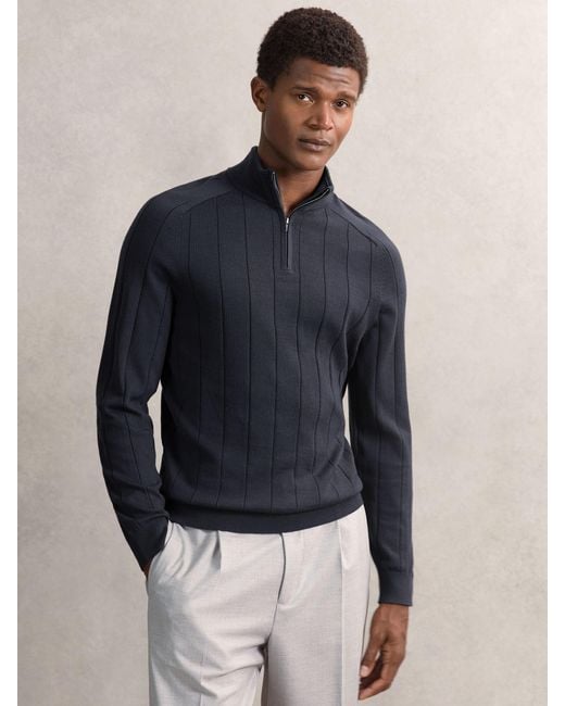 Reiss Blue Wool Wide-Rib Half-Zip Jumper for men