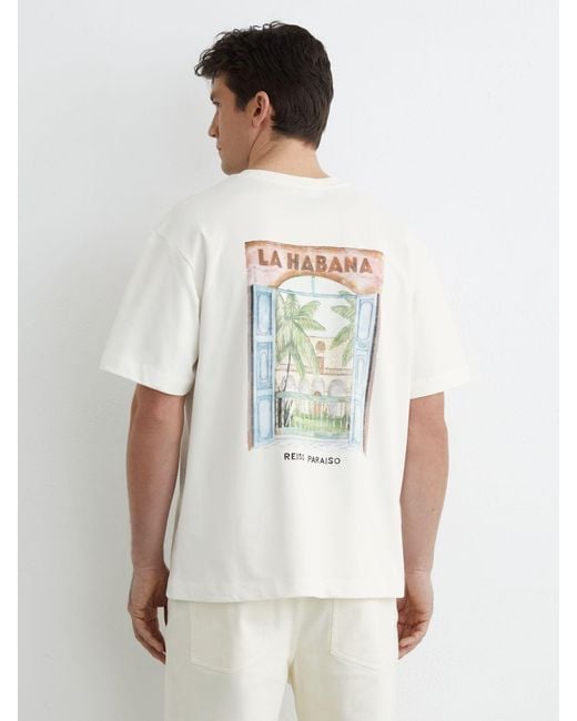 Reiss White Cotton Palm-Print Relaxed-Fit T-Shirt for men