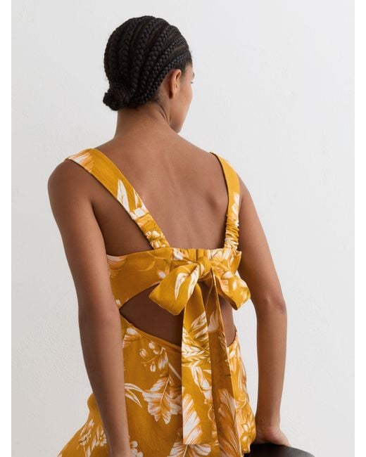 Reiss Metallic Addison - Yellow Linen Floral-print Midi Dress, Us 10