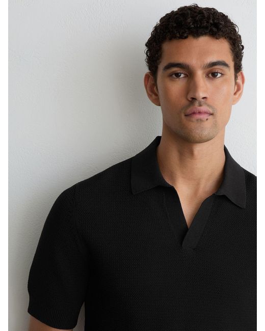 Reiss Black Cotton-Blend Basket-Stitch Open-Collar Polo for men