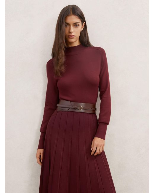 Reiss Red Petite Belted Knit Pleated Midi Dress