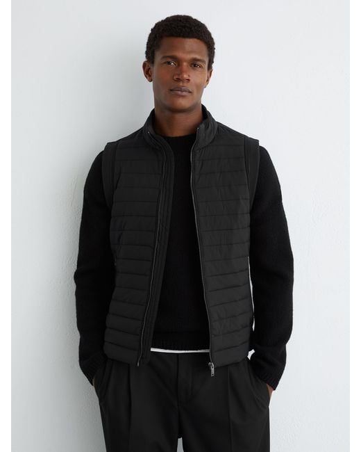 Reiss Black Quilt And Knit Zip-Through Gilet for men