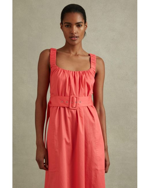 Reiss Red Liza - Coral Cotton Ruched Strap Belted Midi Dress