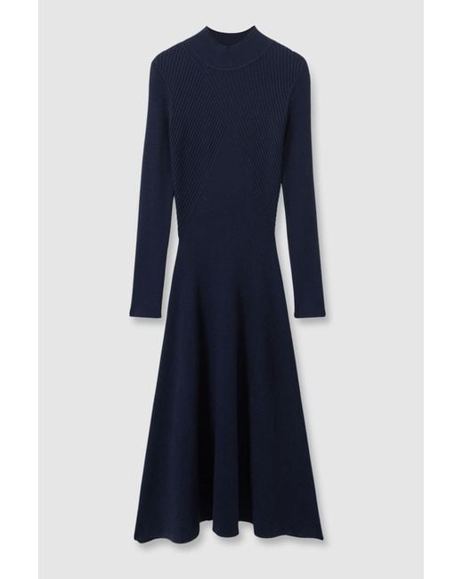 Reiss Blue Ribbed Round Neck Midi Dress