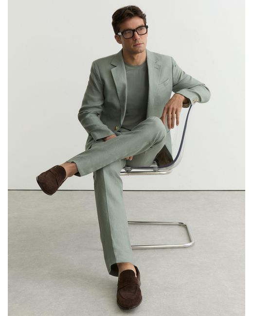 Reiss Green Tailored Fit Linen-Twill Classic-Fit Suit Trousers for men