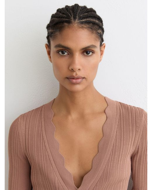 Reiss Natural Rib-Knit Scallop-Trim Cardigan