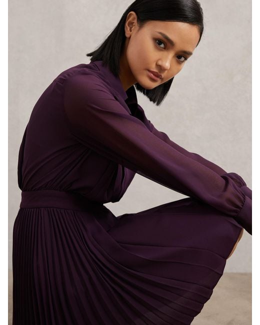 Reiss Purple Pleated Sheer-Sleeve Mini Dress
