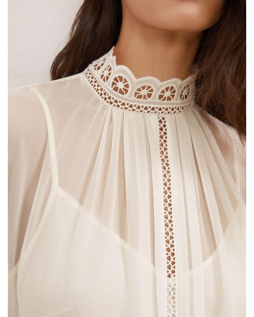 Reiss Natural Ori - Cream Lace-trim Sheer Blouse, Us 12