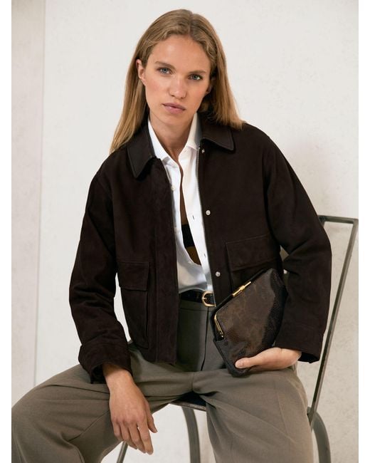 Reiss Black Leather-Collar Suede Jacket