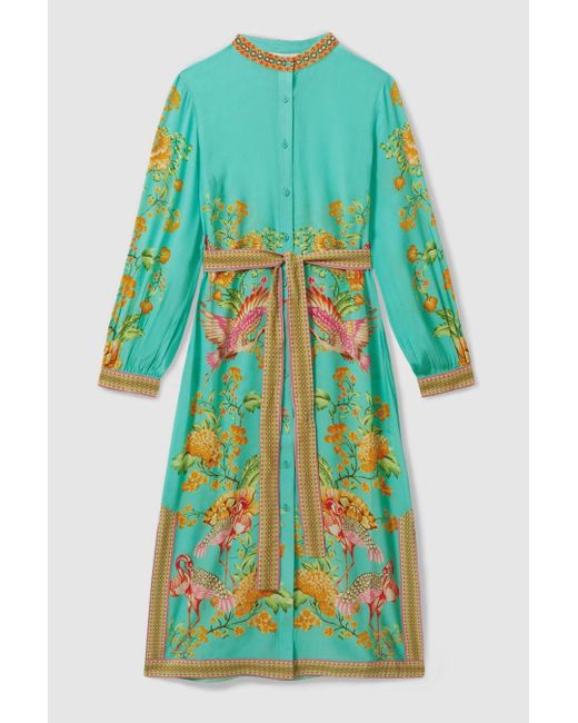 Raishma Green Silk Printed Belted Midi Dress