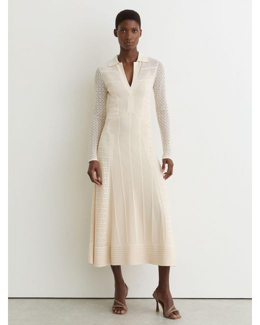Reiss Natural Pointelle-Knit Panelled Midi Dress