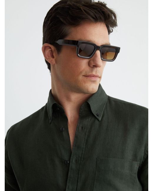 Reiss Green Linen Regular-Fit Button-Down Shirt for men