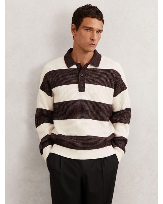 Reiss Black Chocolate & Off Waffle-Knit Stripe Half-Button Jumper With Wool for men