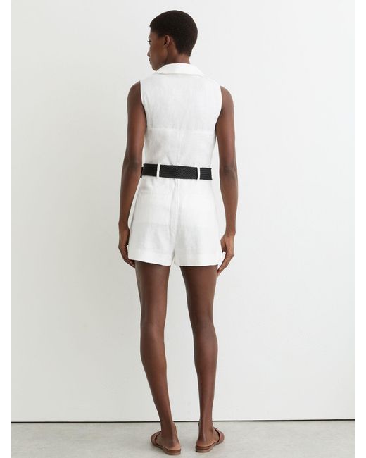 Reiss Natural Taylor - Ivory Linen Sleeveless Belted Playsuit, Us 10