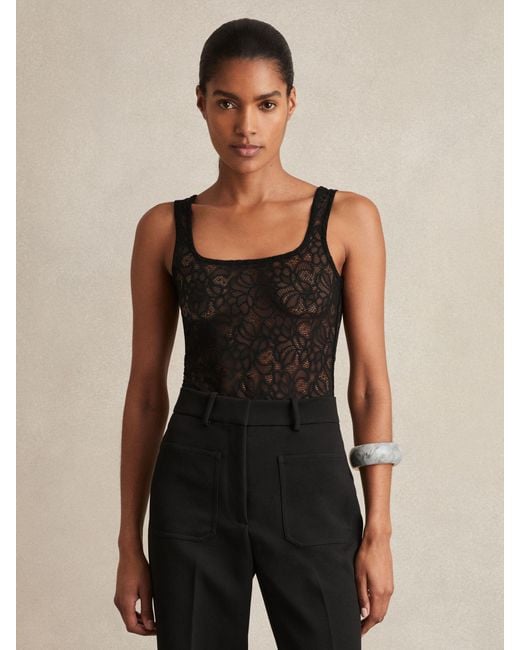 Reiss Black Floral Print Lace Bodysuit