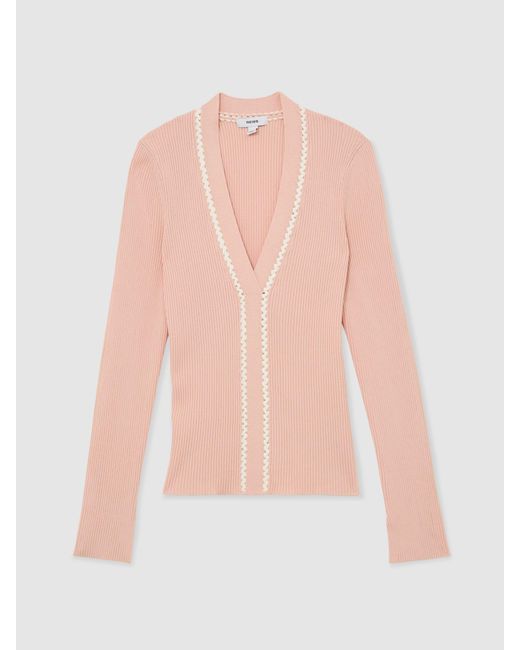 Reiss Blue Lauri - Pink/ivory Craft-stitch Rib-knit Top, L (us 12-14)